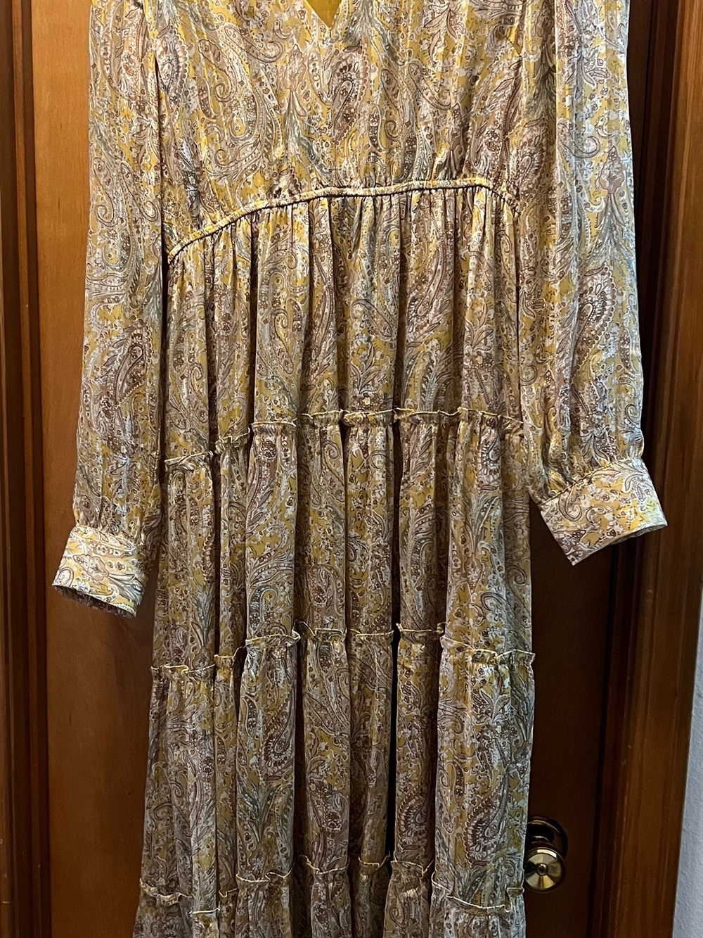 Paisley Tiered Long Sleeve Maxi Dress in Mustard